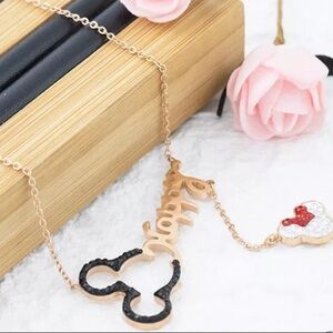 Mickey Head Pendant W/ Black Crystals & Dangling Minnie Head Rose Gold Necklace